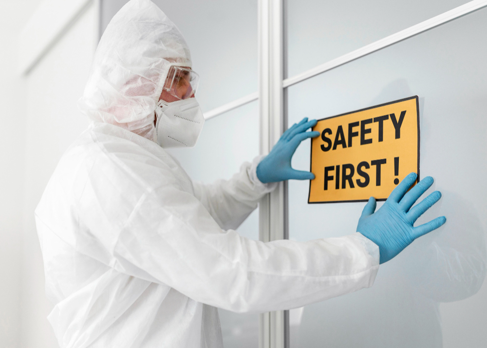 Illustration of laboratory safety equipment and protective measures in a modern lab environment