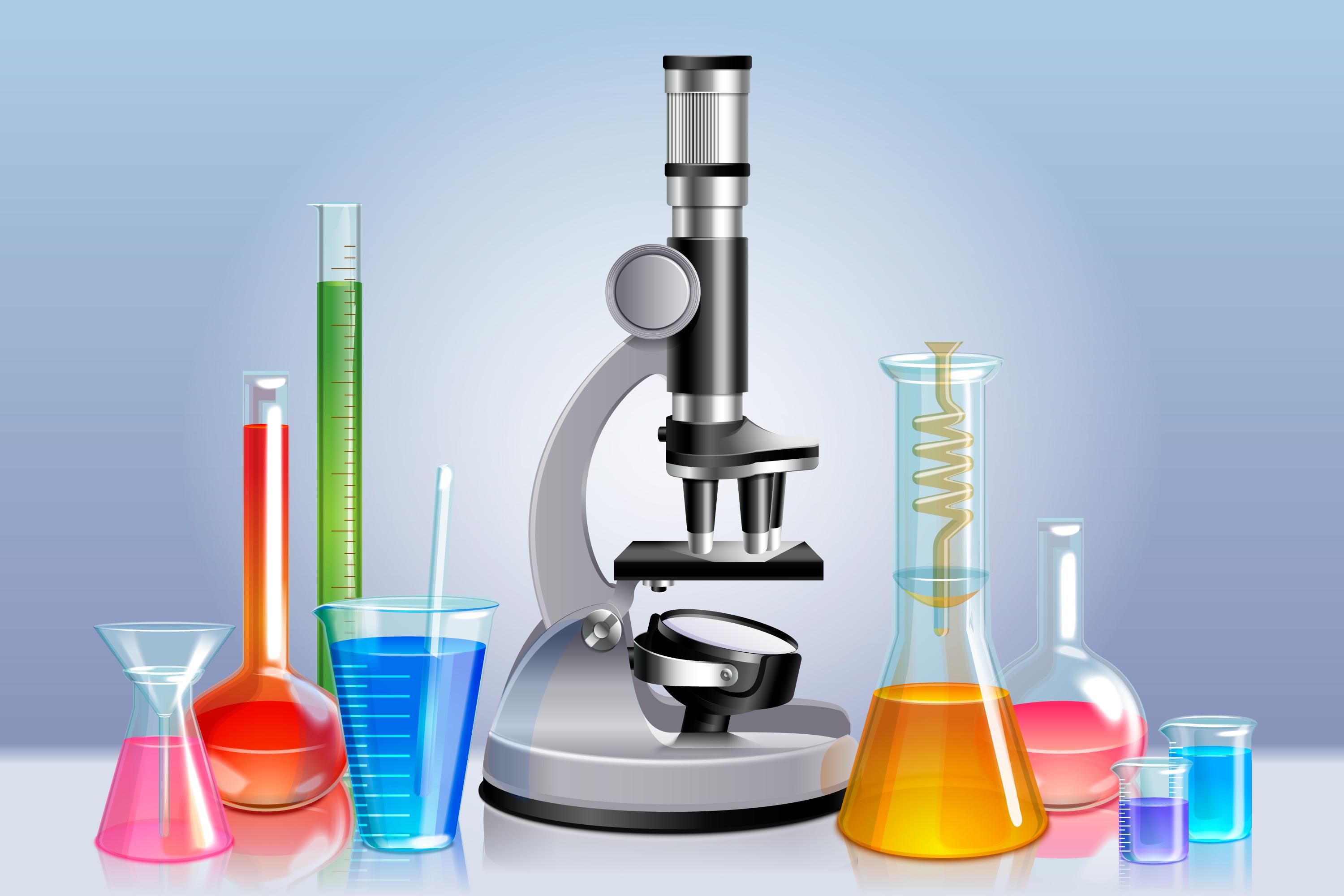 Illustration of diverse laboratory products, instruments, and service solutions in a modern lab setup